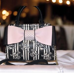 Betsey Johnson Black White Floral Striped Satchel with Pink Bow